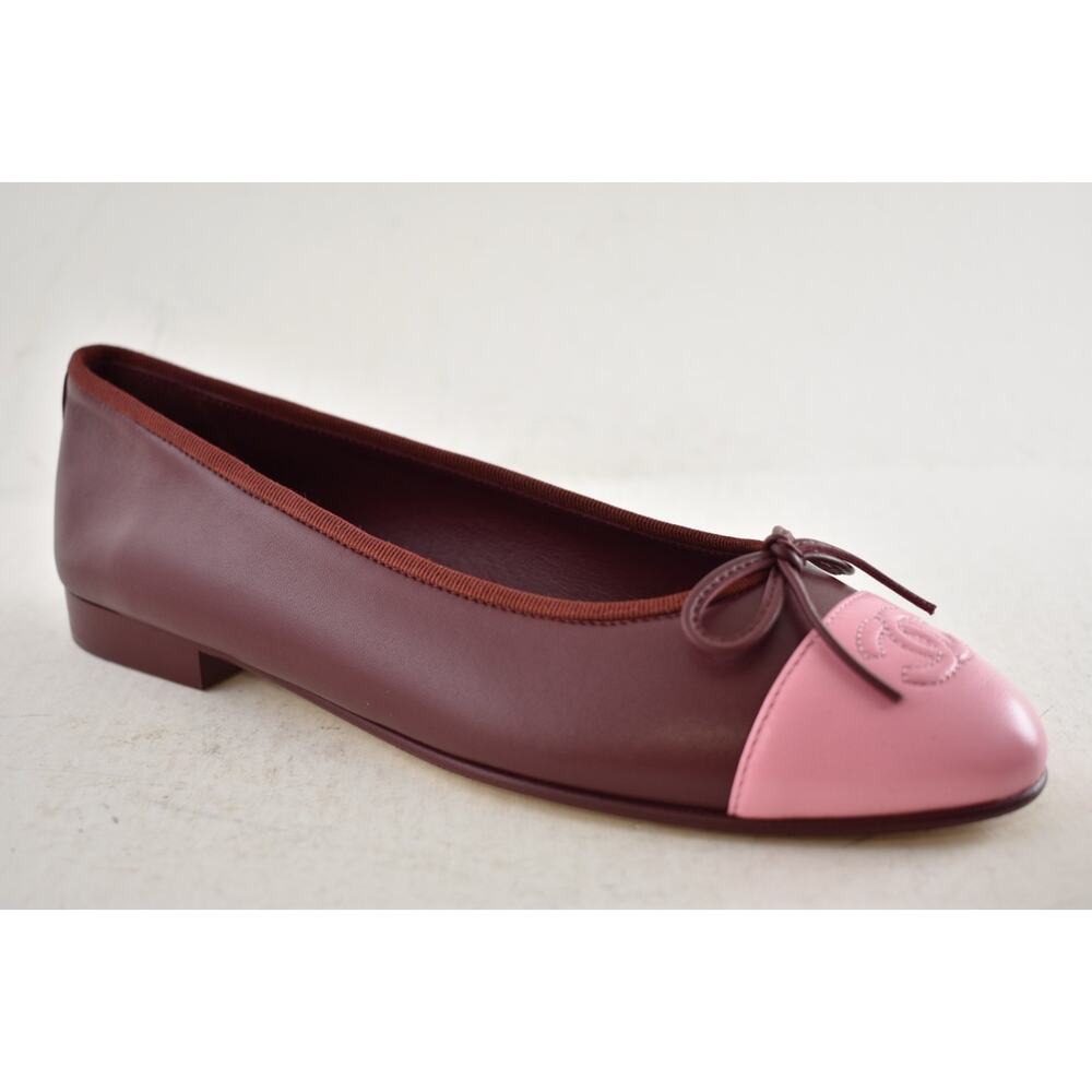 Chanel 26S Burgundy Red Pink Lambskin Leather CC Logo Ballet Ballerina Flat 37.5 - Picture 6 of 16